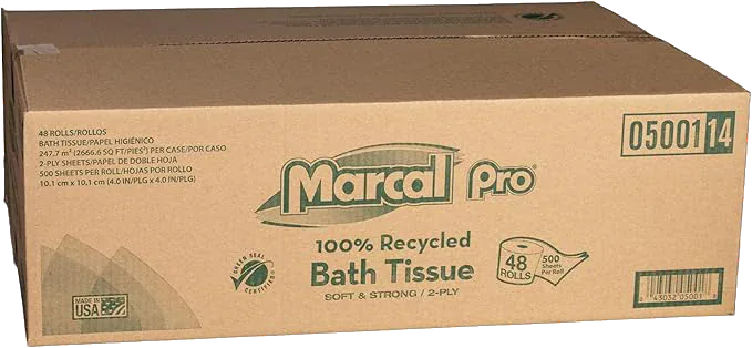 Marcal Pro 5001 100% Recycled 2-Ply Bath Tissue, 48 Rolls