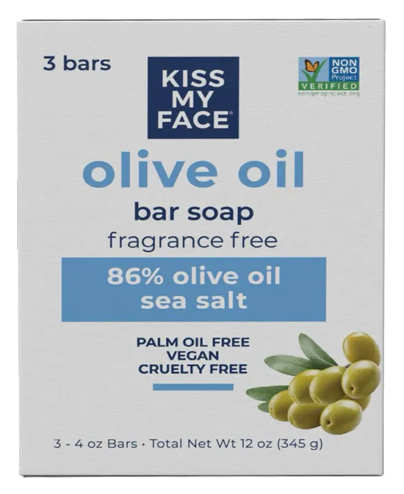Kiss My Face Fragrance Free Olive Oil Bar Soap (3 × 4 oz)