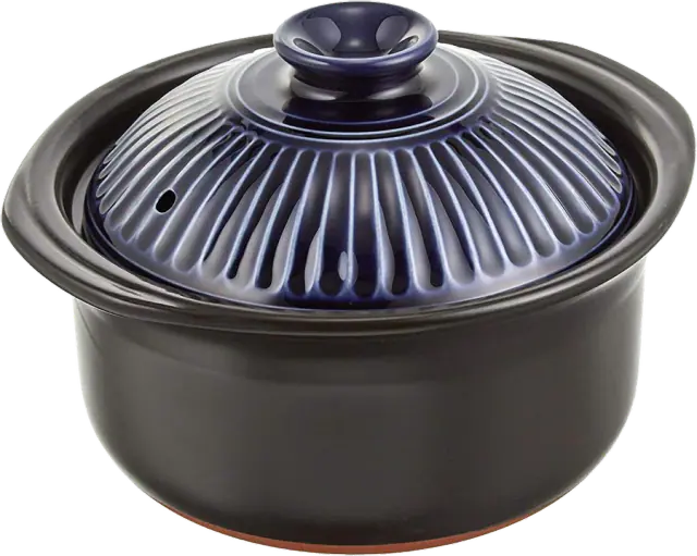 Ginpo Kikka Double-Lid Ceramic Rice Pot — Lapis Blue (2 Rice Cups)
