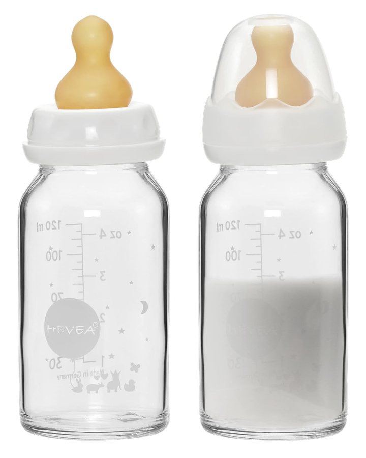 HEVEA Standard-Neck Glass Baby Bottles, 4 oz, 2-Pack