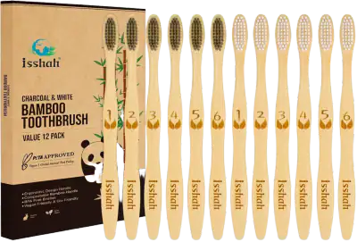 Isshah Biodegradable Bamboo Charcoal Toothbrushes, 12 Pk