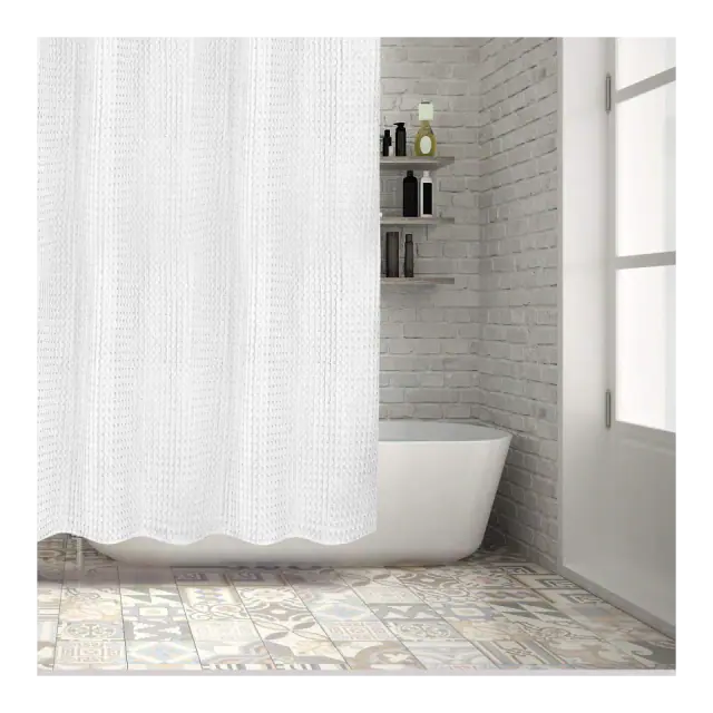 White Waffle Weave Shower Curtain, Heavyweight 100% Cotton