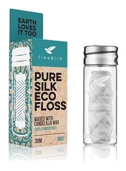 TreeBird Mint Silk Dental Floss with Glass Dispenser, 33 Yards