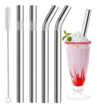 Vinaco Wide-Bore 18/8 Steel Smoothie Straws — Silver, 4 Pack