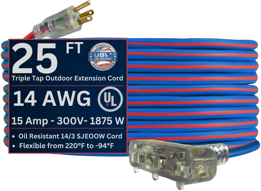 US Wire and Cable Extreme 14/3 25-Foot TPE Triple-Tap Extension Cord