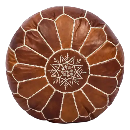 Moroccan Leather Unstuffed Pouf Cover, Dark Tan with White Stitching