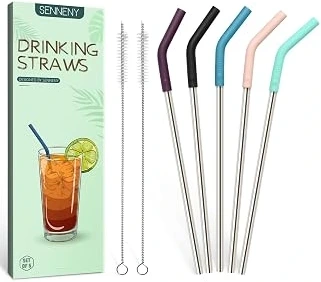 Senneny Steel Straws with Removable Silicone Elbows — Silver, 5 Pack