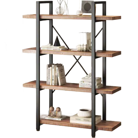 HSH 4-Tier Solid Wood and Metal Bookshelf — Distressed Brown