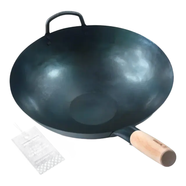 Mammafong 14-Inch Preseasoned Blue Carbon Steel Pow Wok — Flat Bottom