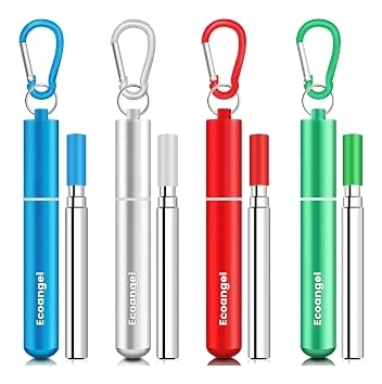 Ecoangel Telescoping Steel Straws with Silicone Tips and Cases — 4 Pack