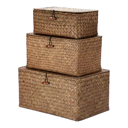 Hipiwe Rectangular Seagrass Baskets with Lids, Coffee, Set of 3