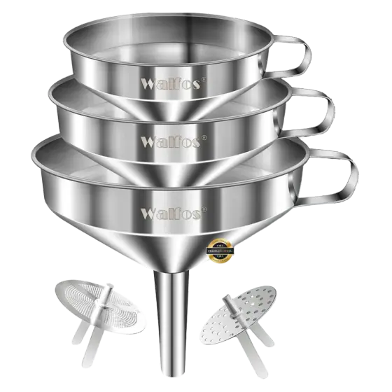 Walfos Stainless Steel Kitchen Funnels with Strainers and Cleaning Brush