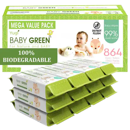Yugi Green Baby Wipes, Unscented (100% Viscose Wet Wipes)