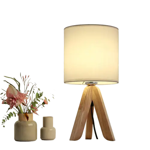 HAITRAL Small Bedside Table Lamp - Wooden Tripod Nightstand Lamp for Bed