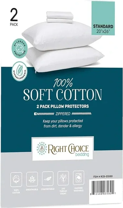 Right Choice Bedding Cotton Pillow Protectors, Standard, 2-Pack