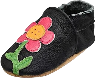 iEvolve Leather Baby Moccasins — Black Flower, 6–12 Months