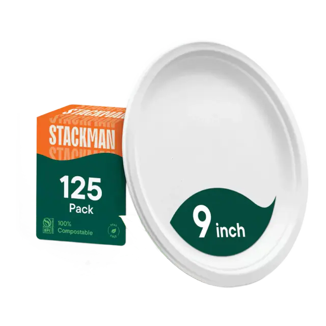 Stack Man Sugarcane Bagasse 9-Inch Paper Plates, 125 Count