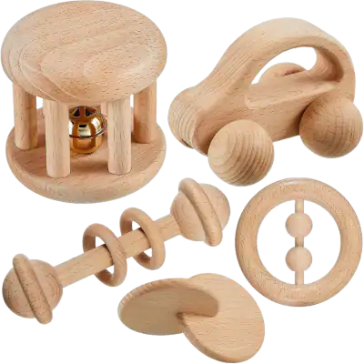 Zhanmai Unpainted Wooden Baby Sensory Toys, 5 Pieces