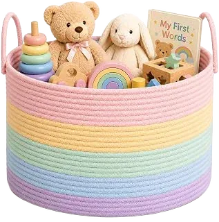 OrganiHaus Cotton Rope Toy Basket — Rainbow Pastel