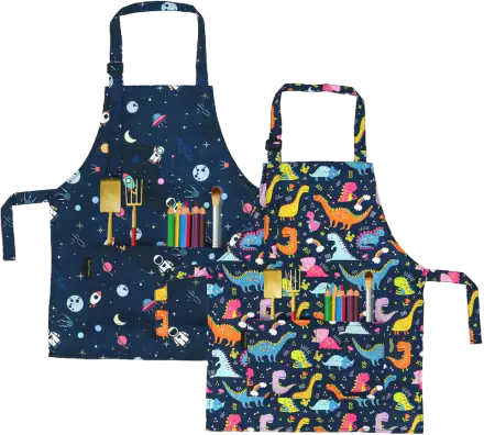 BeeGreen Cotton-Blend Kids Aprons, Navy and Gray, 2-Pack