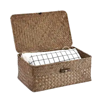 Hipiwe Small Rectangular Seagrass Basket with Lid, Coffee