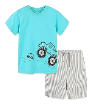 Bumeex Cotton Tee and Shorts Set — Green Truck, 5–6Y