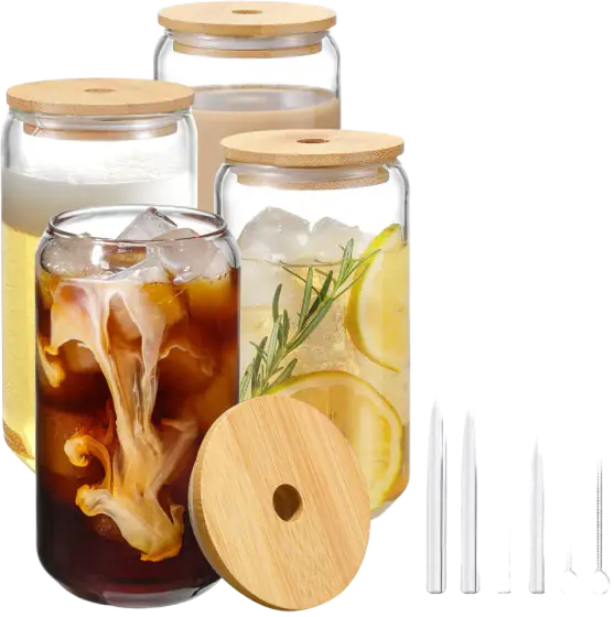 Drinking Glasses with Bamboo Lids & Glass Straws, 4 pc