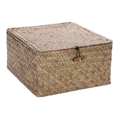 Hipiwe Large Square Seagrass Basket with Lid, Coffee