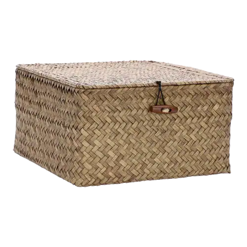 Hipiwe Medium Square Seagrass Basket with Lid, Coffee
