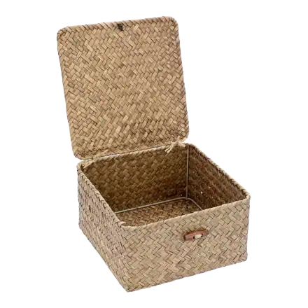 Hipiwe Small Square Seagrass Basket with Lid, Coffee