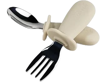 Ali+Oli 316 Steel Toddler Spoon and Fork with Silicone Grips — Khaki