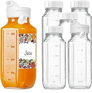 Syntic 6 Pack 16 Oz Glass Juice Bottles with Lids,2 Pour Spouts & Scale Marks