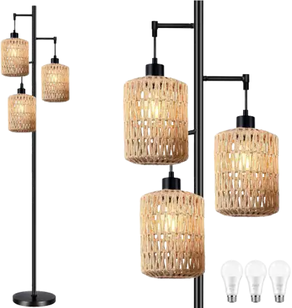 QIYIZM 3-Light Boho Rattan Floor Lamp