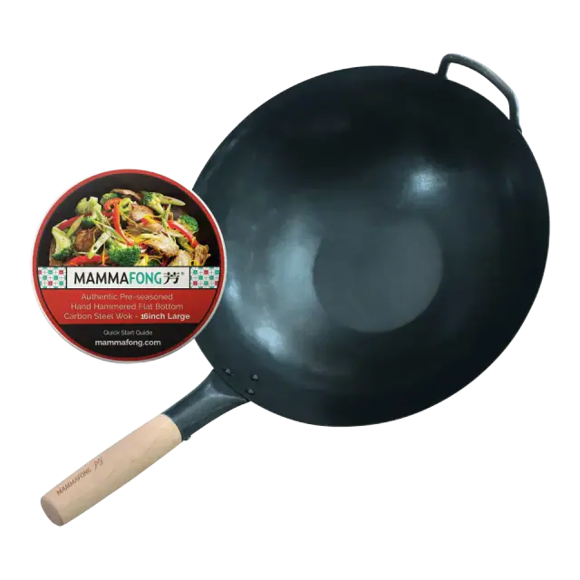 Mammafong 16-Inch Hand-Hammered Carbon Steel Wok, Flat Bottom