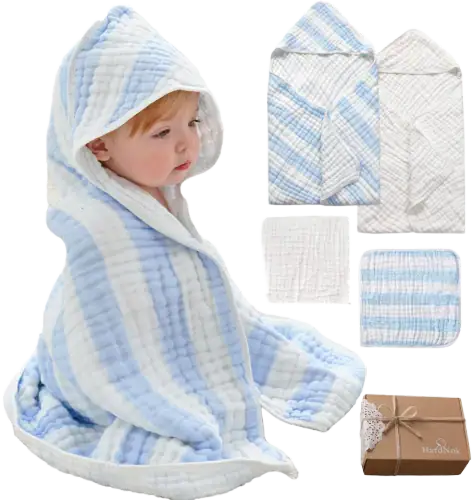 HardNok Muslin Hooded Baby Towel & Washcloth Set, 100% Organic Cotton (4-Pack)