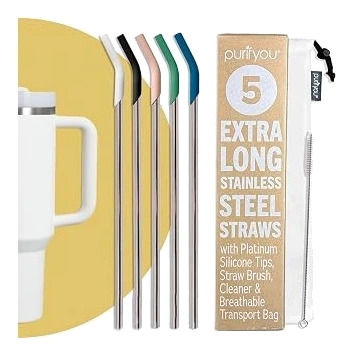 purifyou Extra-Long Steel Straws with Silicone Tips — 14.5 Inches, 5 Pack