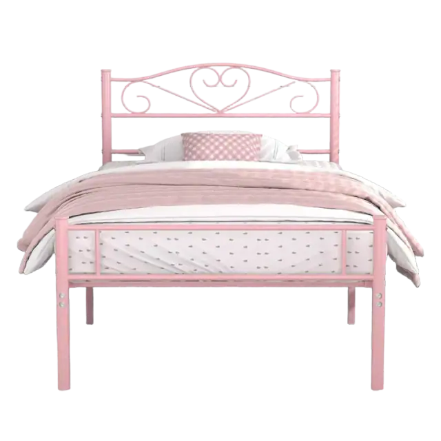 VECELO Twin Steel Bed with Heart Detail — Pink