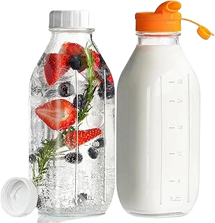 Dwbligt 32 oz Glass Milk Bottles with Lid & Silicone Dispenser Cap, 2 Pack