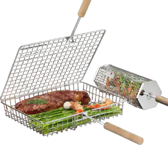 ivtivfu Grill Basket Set, Removable Wooden Handle, 304