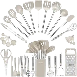 BESTZMWK Silicone and Stainless Steel Kitchen Utensil Set — Khaki