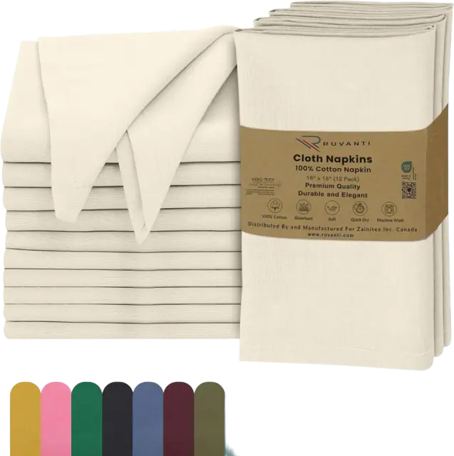 Ruvanti 100% Cotton Cloth Napkins, Set of 12, 18x18