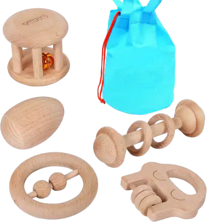 TOWO Unpainted Beechwood Baby Rattles, 5 Pieces