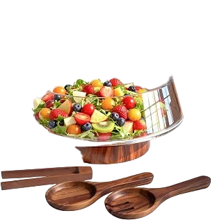 Airsent 5-Qt Glass Salad Bowl Set with Wood Base and Servers