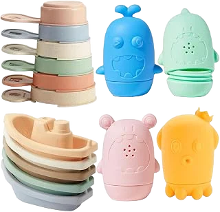 AMCHSURI 15-Piece Silicone Bath Toy Set with Boats and Stacking Spoons
