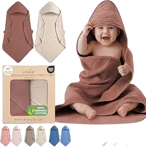 Organic Cotton Muslin Baby Hooded Towel, 32×32
