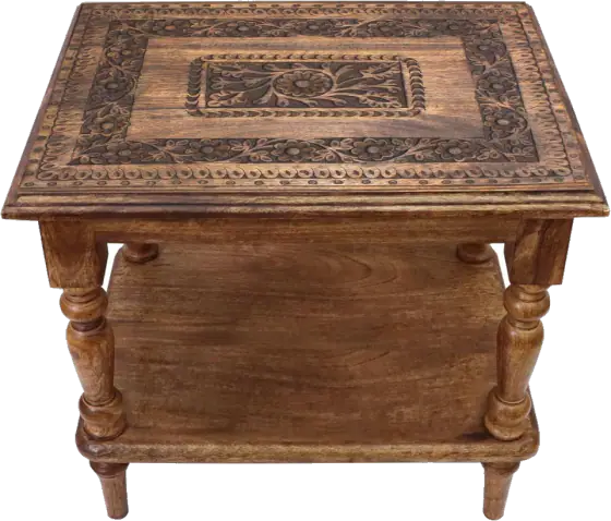 COTTON CRAFT Solid Wood End Table - Hand Carved Brown Side Table with Shelf