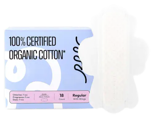 RPE Life 100% GOTS Organic Cotton Period Pads with Wings, Size 3, 18 Count