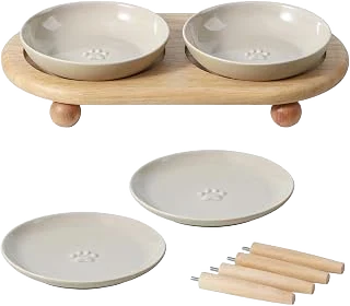 Havniva Ceramic Cat Bowl and Plate Set with Wood Stands, Vintage Latte