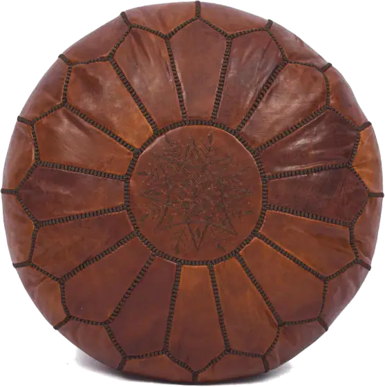 Moroccan Leather Unstuffed Pouf Cover, Dark Tan with Brown Stitching