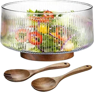 NiHome Glass Salad Bowl Set, Large Serving Bowl with Wood Utensils